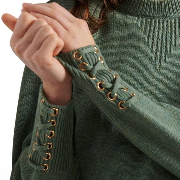 Brand new ba&sh Wool Sweater Keane Jumper Sweater With Lace-Up Cuffs Green - Picture 9 of 16